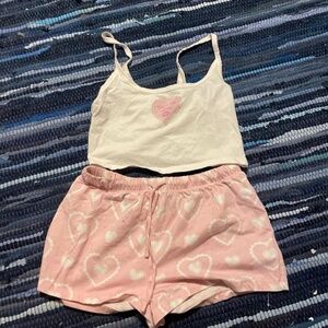 Forever 21 Matching Heart Cropped Tank & Shorts Pajama Set “Leave Me Alone”